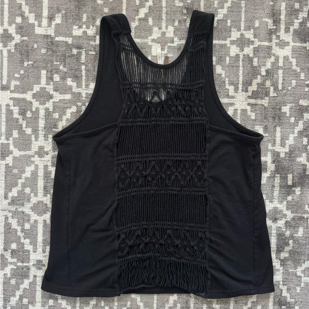 poof! S Black Knit swing Top Cotton ladder crochet open back detail in back